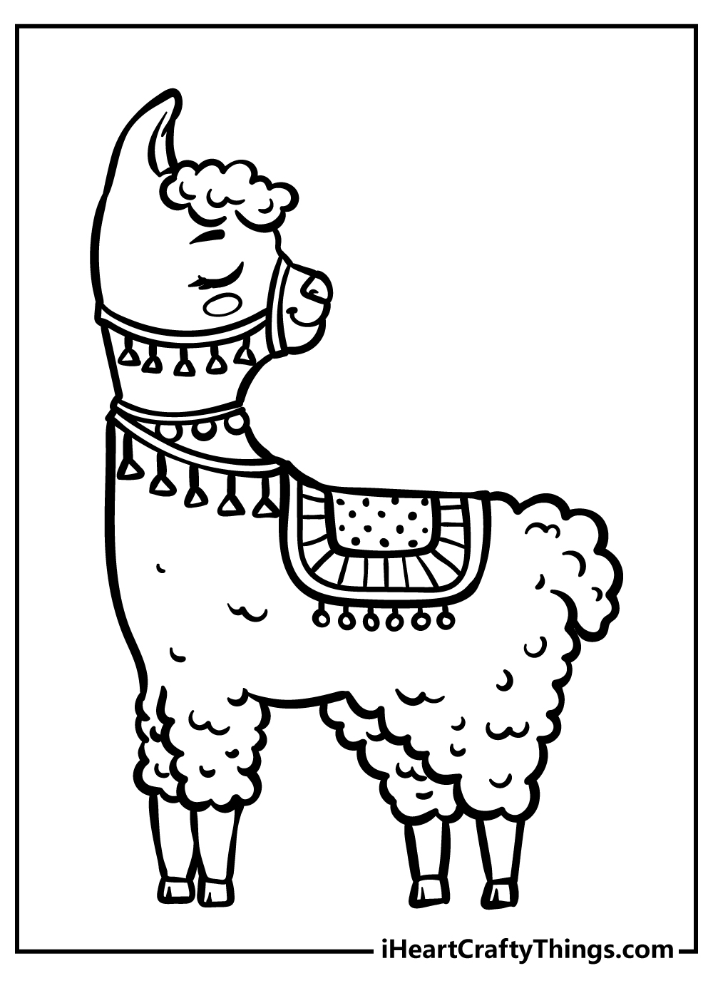 Detailed coloring page of a fluffy llama wearing saddle and necklace decorated with pom-poms