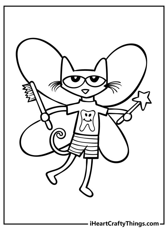 Free coloring pdf for children featuring Pete The Cat dressed as the tooth fairy
