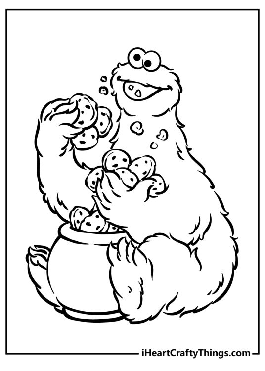 Sesame Street coloring pdf depicting Cookie Monster with a large jar stuffed with cookies