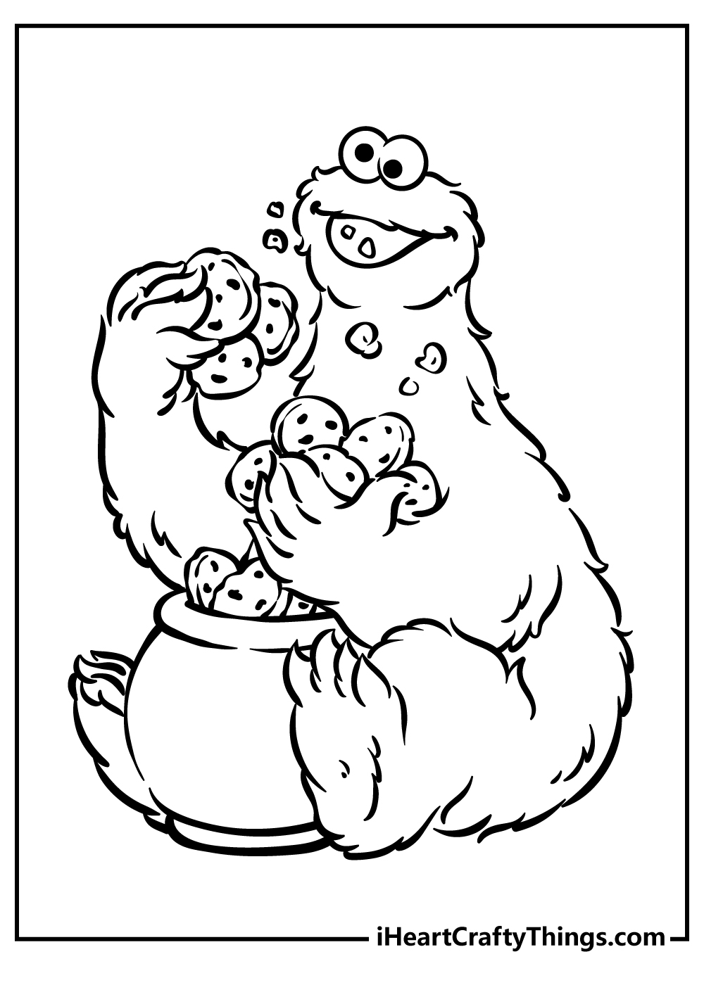 Sesame Street coloring pdf depicting Cookie Monster with a large jar stuffed with cookies