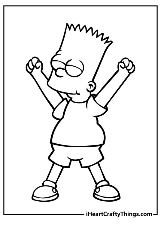 Simpsons coloring printable featuring very triumphant Bart holding his hands up with clenched fists