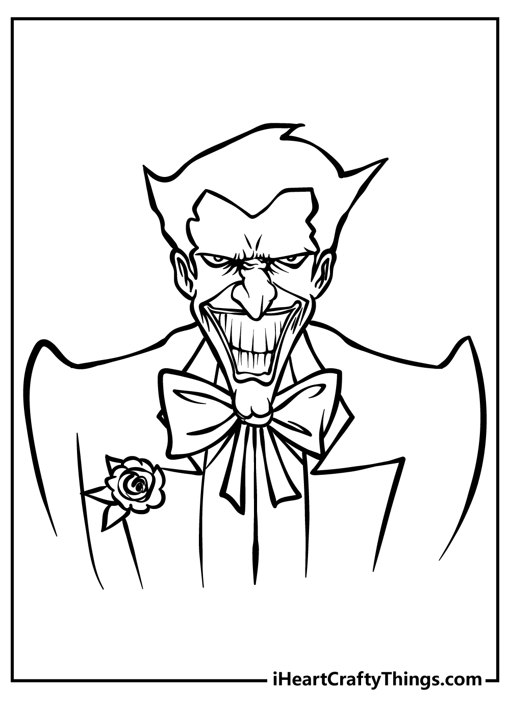 Coloring picture featuring detailed and creepy portrayal of the Joker with his signature wide grin