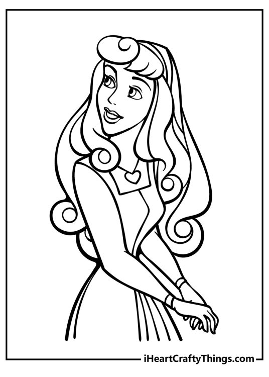 Sleeping Beauty-themed coloring drawing of a princess Aurora wearing heart-shaped necklace
