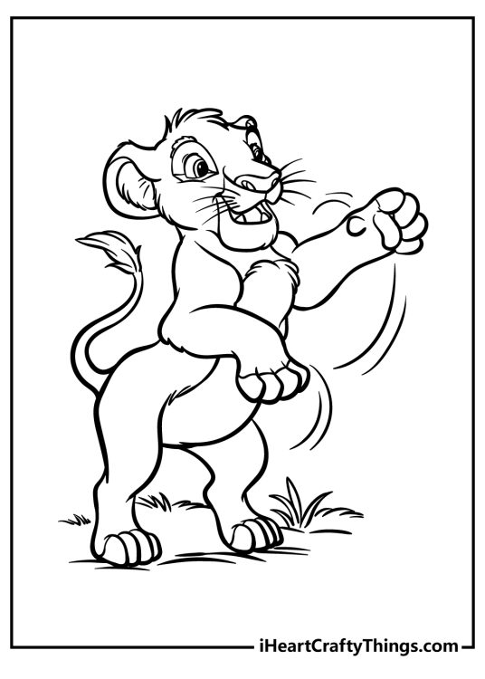 Lion King coloring sheet for kids featuring Simba having a great time while playing