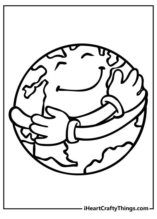 Printable drawing for children of a smiling planet Earth hugging itself with its arms