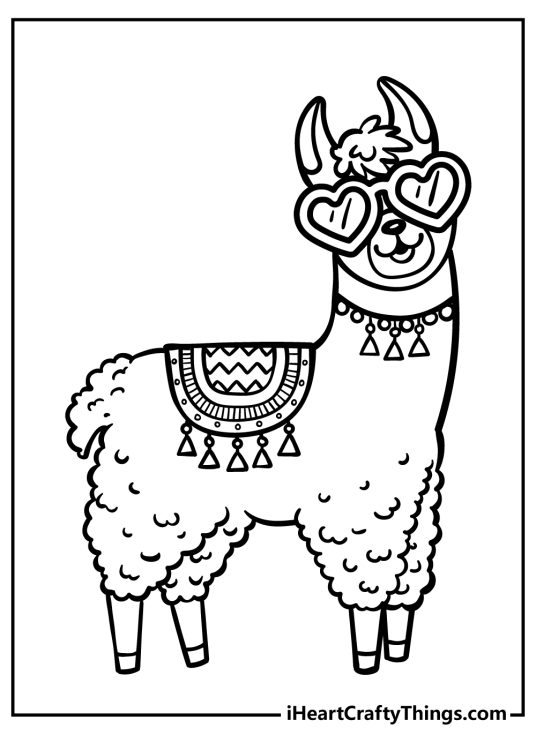 Funky llama wearing heart-shaped sunglasses, saddle and necklace free page to download and color