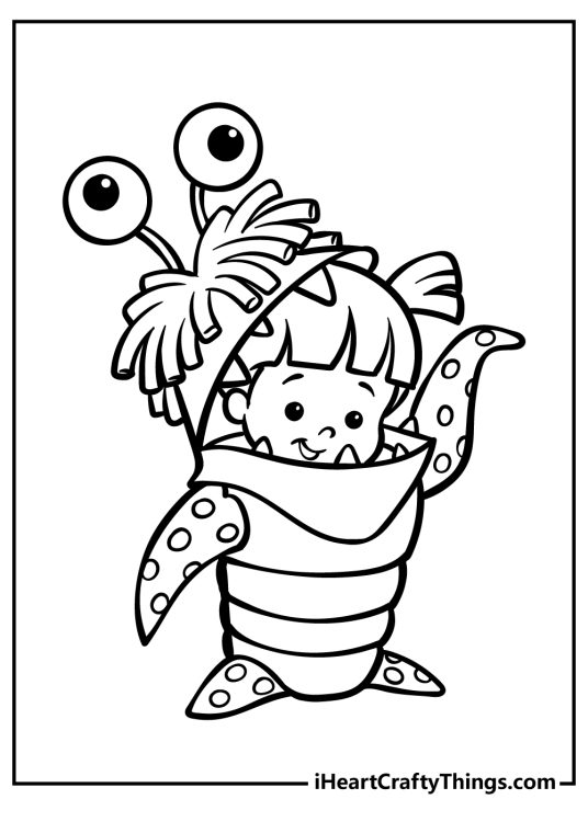 Monsters Inc printable page presenting human girl Boo wearing a special monster costume