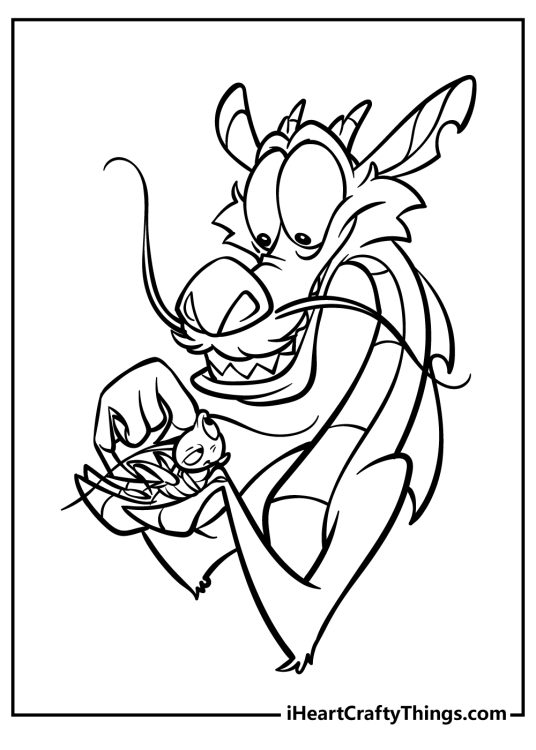 Mulan-themed coloring picture presenting dragon Mushu posed with his buddy Cri-Kee