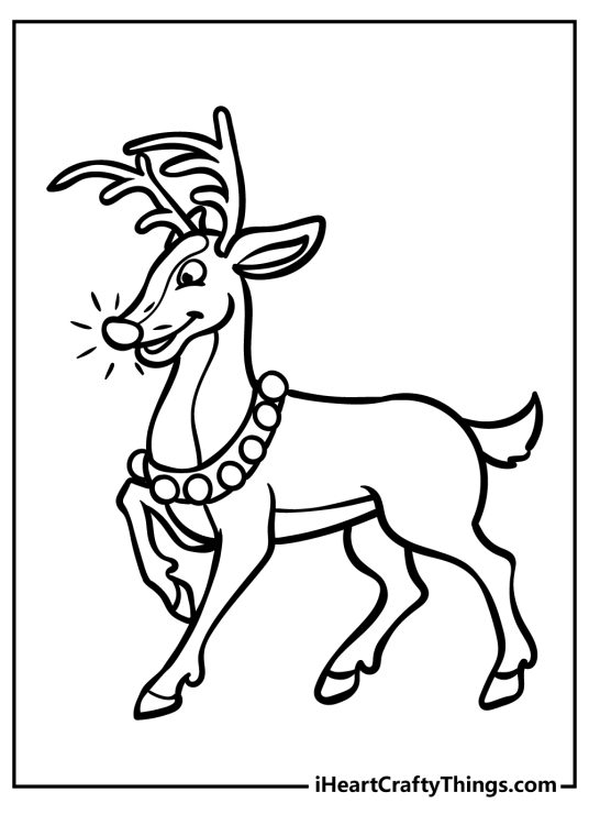 Printable coloring picture for children featuring side view of Rudolph looking very happy