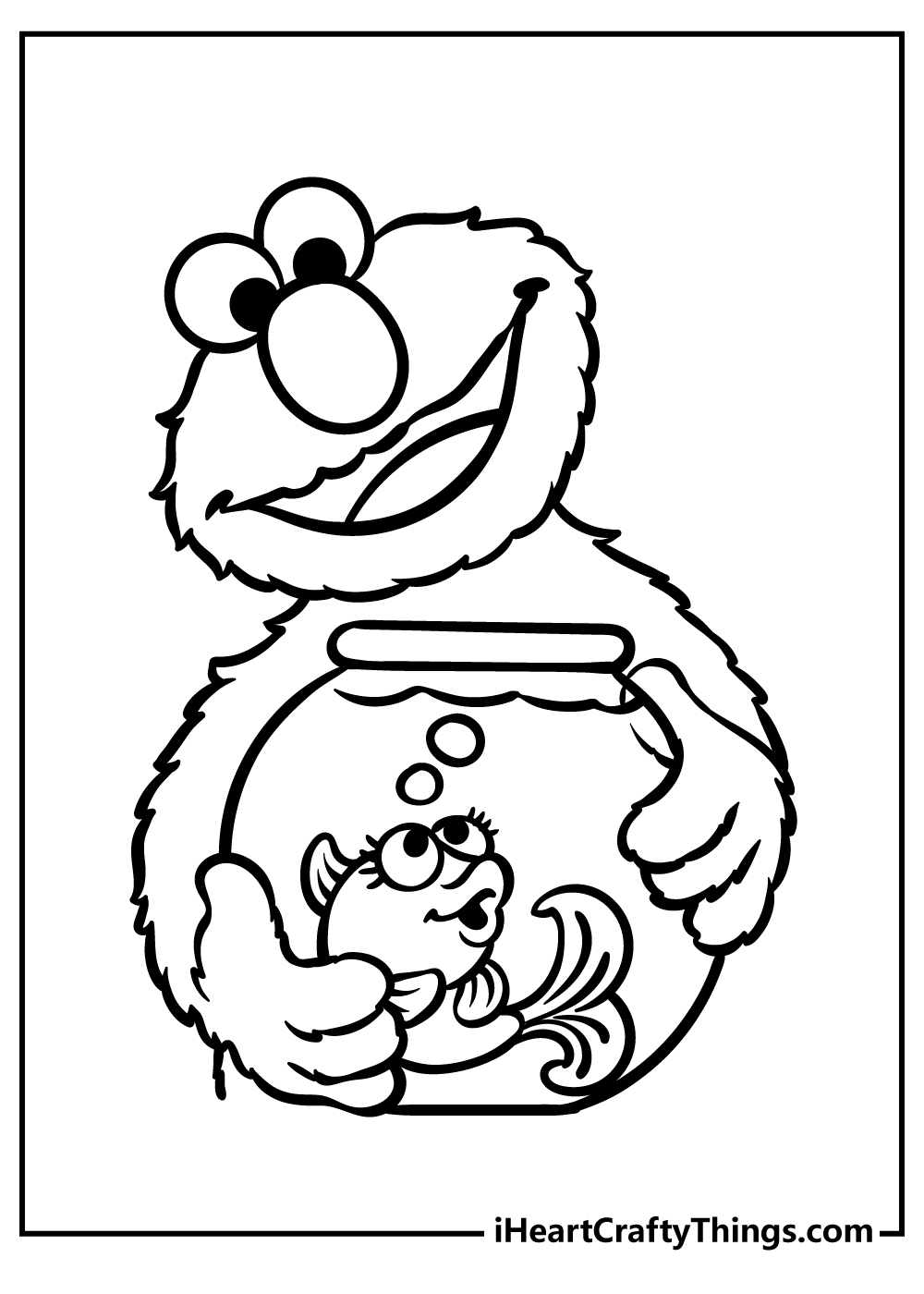 Sesame Street coloring page for children presenting Elmo holding a bowl with gold fish