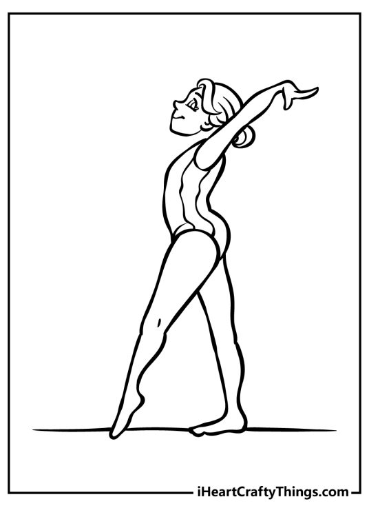 Coloring page featuring girl gymnast in a really elegant pose preparing to perform her next move