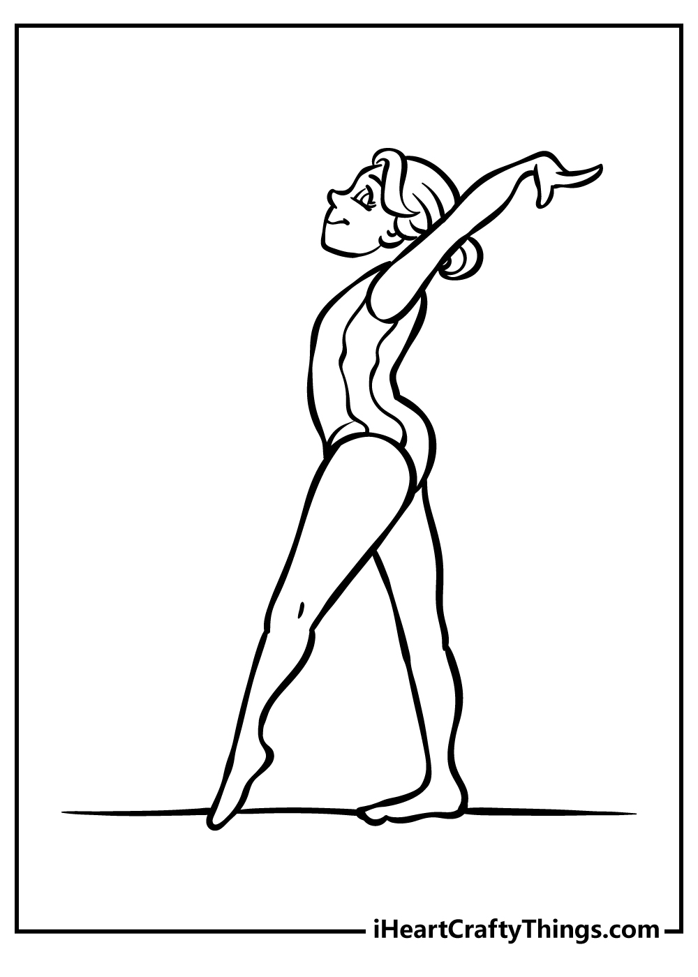 Coloring page featuring girl gymnast in a really elegant pose preparing to perform her next move