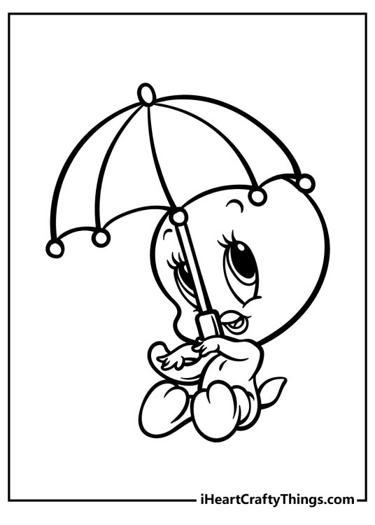 Looney Tunes-themed coloring poster depicting cute Tweety Bird sitting under an umbrella