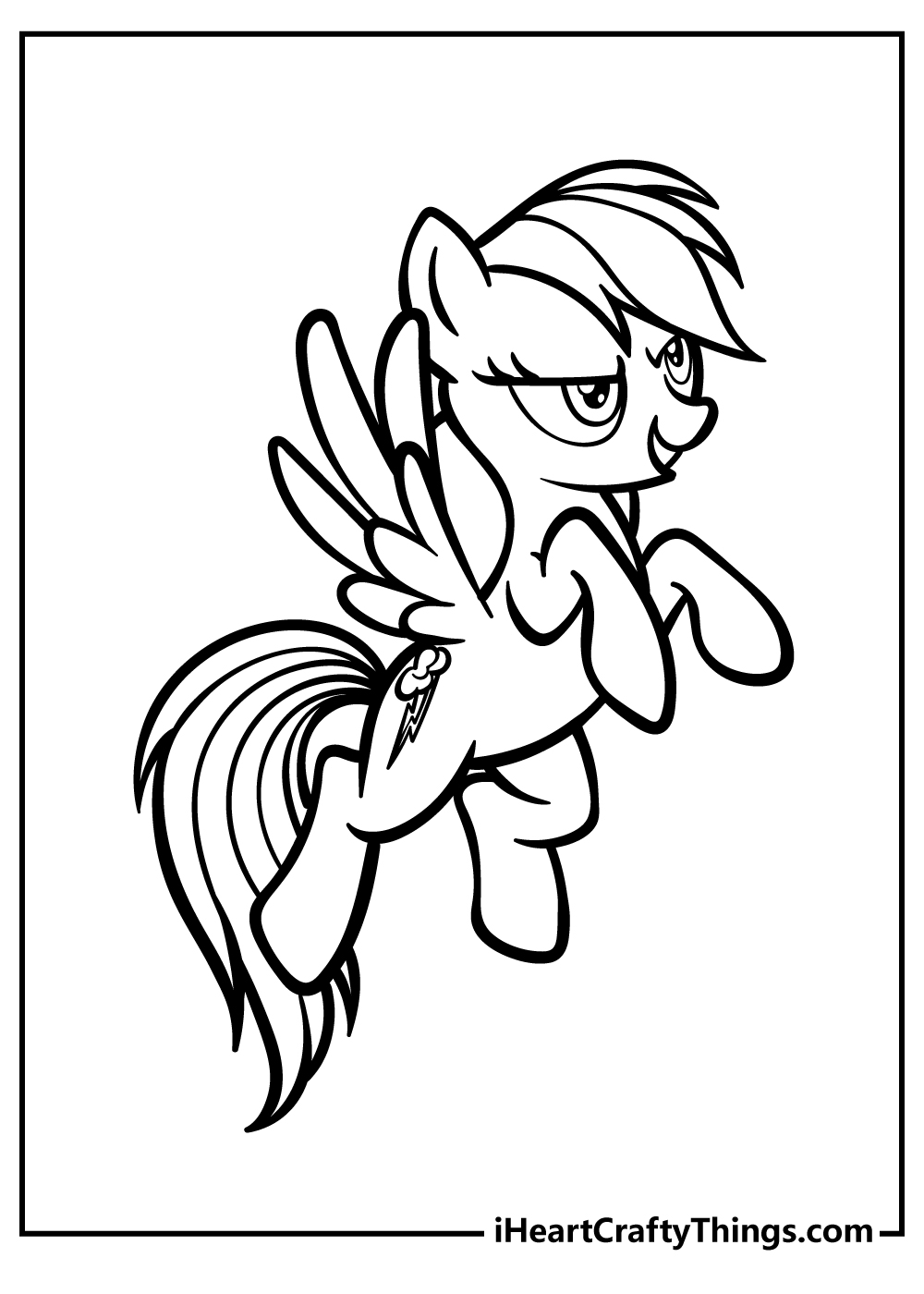 Printable coloring poster of a pony Rainbow Dash with her wings spread wide as she leaps forward