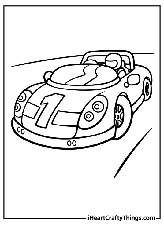 Coloring picture for kids featuring race car with no roof and a driver wearing helmet