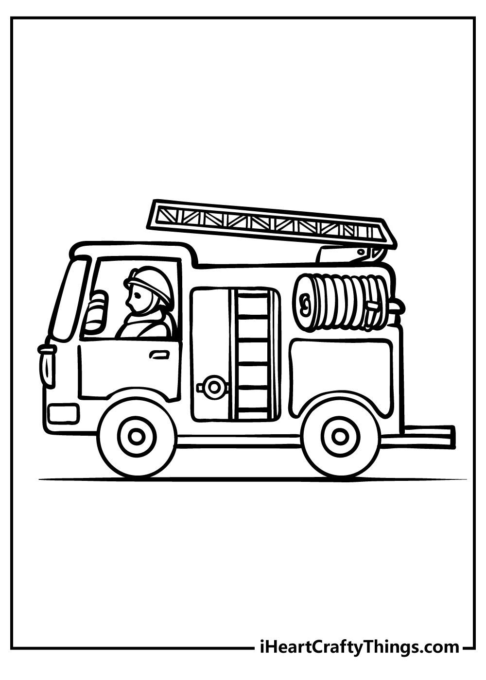 Free printable coloring image featuring small and compact fire truck with the fireman