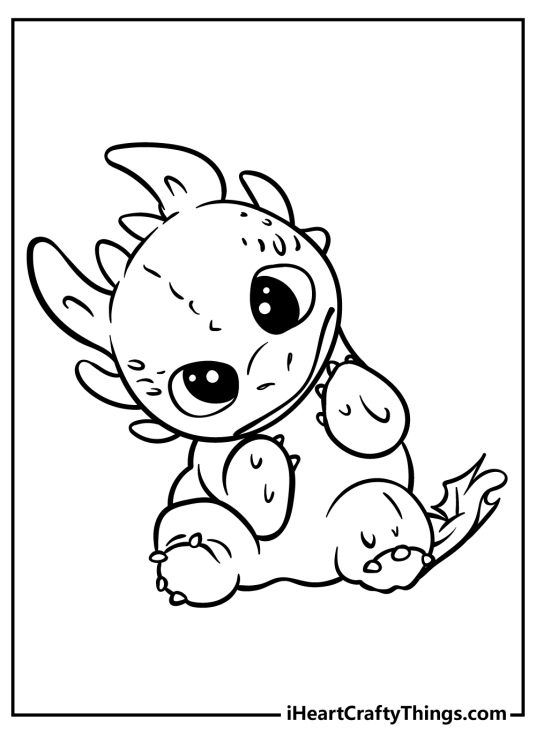 Printable coloring page of a sitting cute baby Toothless with head bent to the left