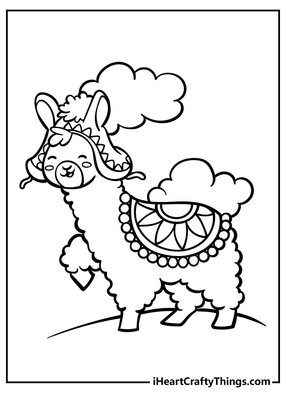 Free pdf to color of a charming happy llama wearing hat and saddle with sun pattern surrounded by clouds