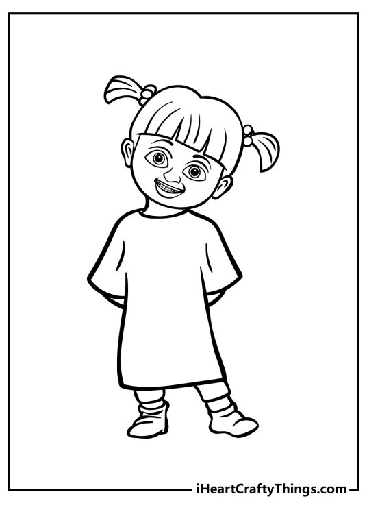 Free printable pdf depicting Monsters Inc character Boo out of her monster costume