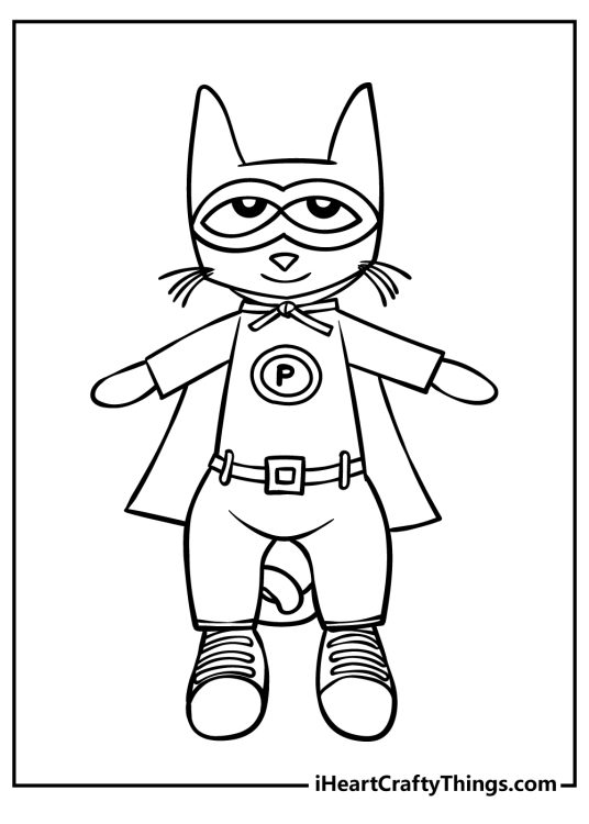 Detailed drawing for children featuring Pete The Cat dressed in a superhero costume