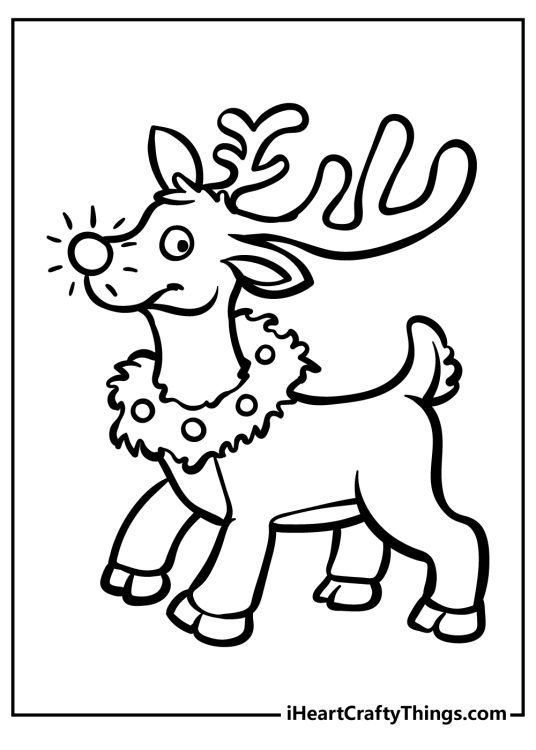 Coloring page for kids presenting Rudolph wearing a Christmas wreath as a necklace