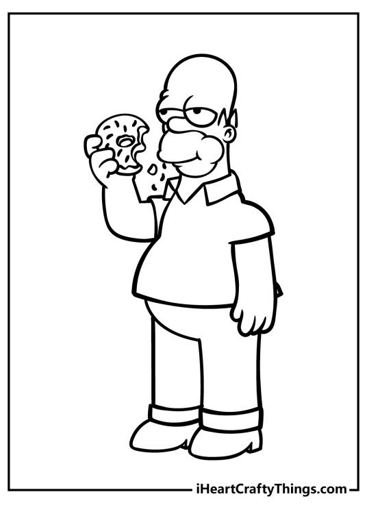 Simpsons-themed printable coloring pdf depicting Homer enjoying a regular-sized donut