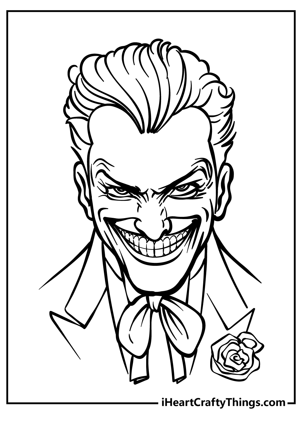 Printable picture featuring detailed and creepy balck-and-white portrait of Joker