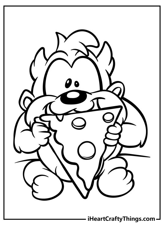 Looney Tunes-themed image to color featuring baby Tazz munching on a piece of pizza