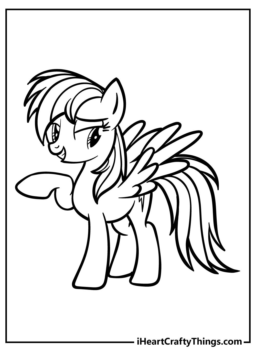 Printable coloring pdf for kids featuring Rainbow Dash with a sarcastic look on her face