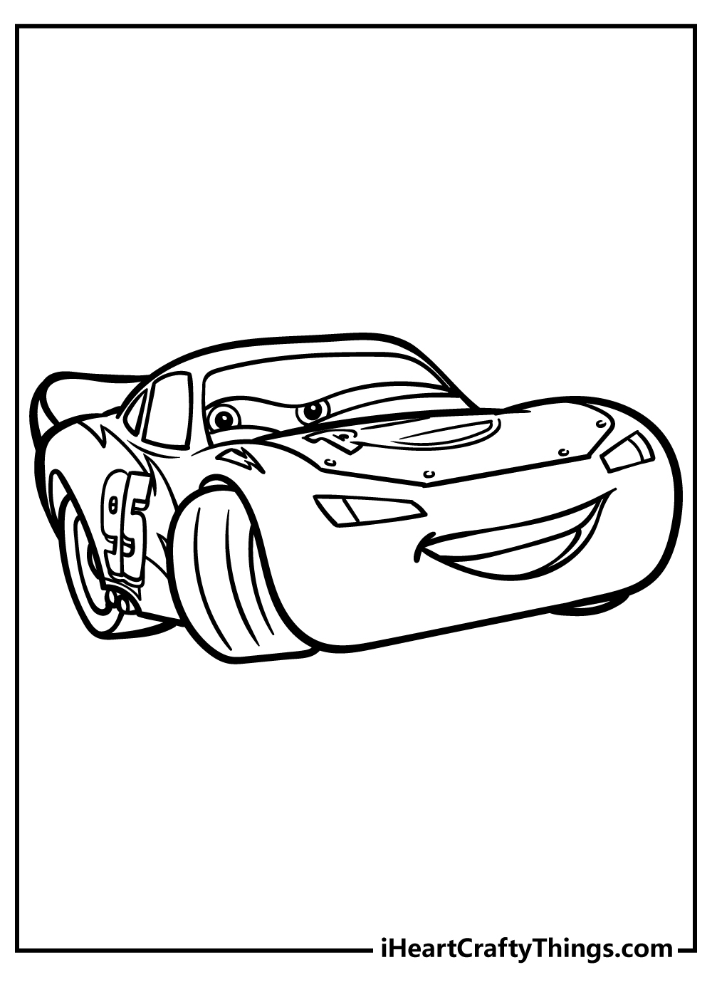 Detailed black-and-white drawing of a Lightning McQueen looking very competitive while racing