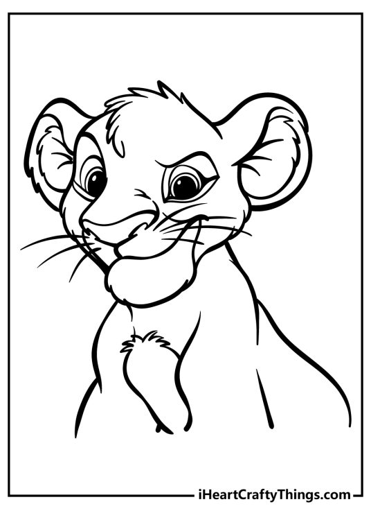 Lion King-themed coloring page featuring close-up of a young Simba with clear background