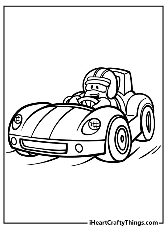 Picture presenting cartoony race car being driven by a fun character wearing helmet