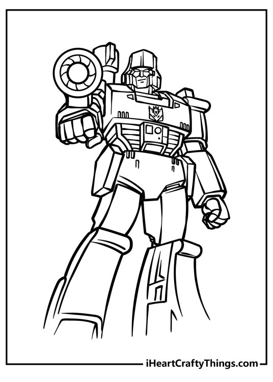 Transformers-themed printable coloring pdf depicting Transformer aiming a big and powerful rocket
