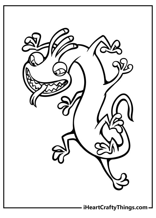 Detailed coloring drawing of a Monsters Inc character Randall Boggs pouncing on something