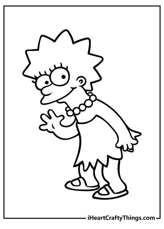Simpsons-themed black-and-white drawing for kids of a happy Lisa Simpson waving to us