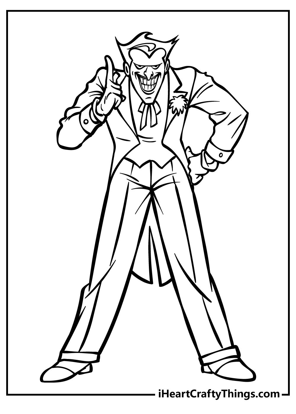 Elegantly dressed Joker posing with signature grin and legs spread widely printable page to color