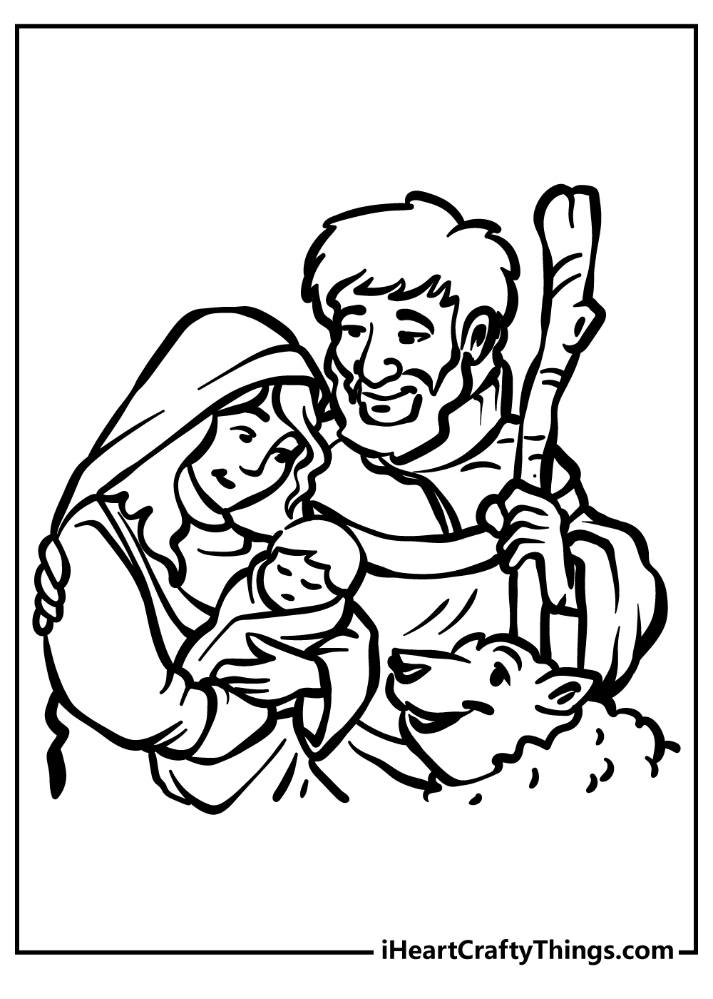 Nativity coloring poster featuring close-up of a happy holy family with a cute sheep drawn in highly detailed style