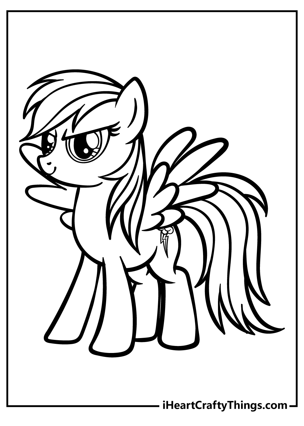 Printable picture featuring pony Rainbow Dash with large wings, fluffy mane and tail