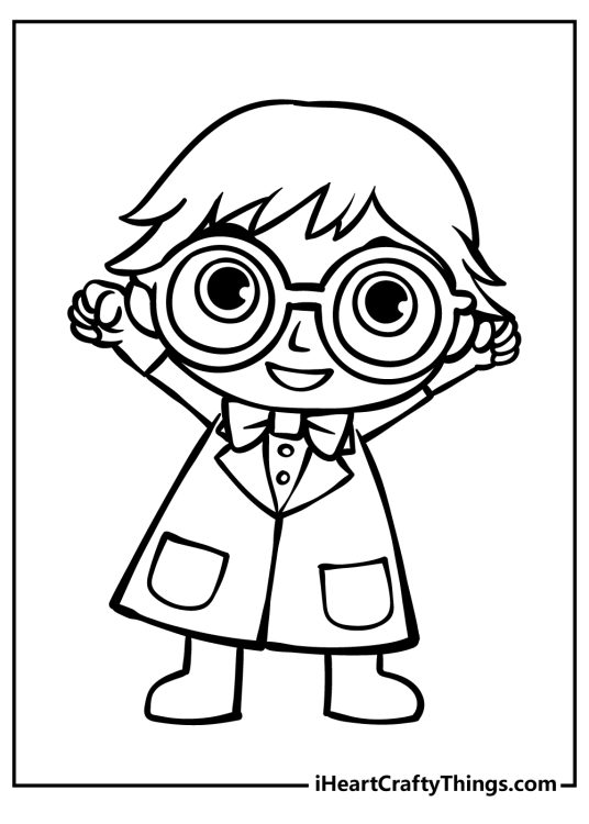 Coloring page presenting happy-looking Ryan dressed as a scientist holding both arms up