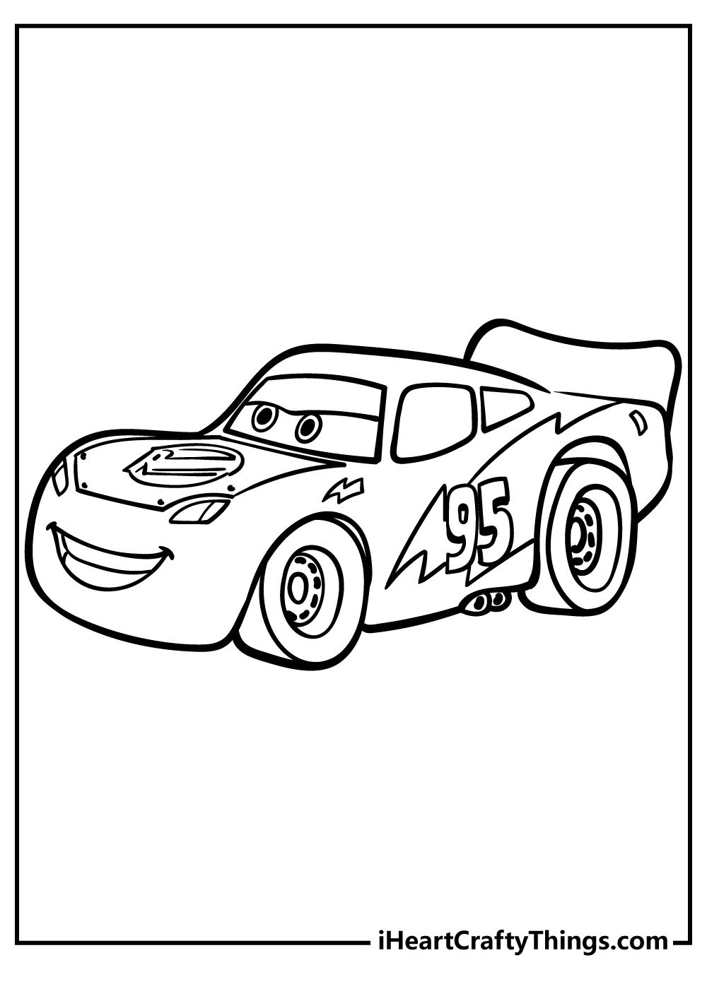 Transport-themed coloring sheet presenting racing car Lightning McQueen with number 95