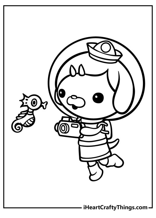 Octonauts-themed image featuring Dashi in a diving suit taking a picture of a cute seahorse