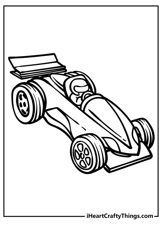 Race car-themed printable coloring picture featuring open roof car with a driver