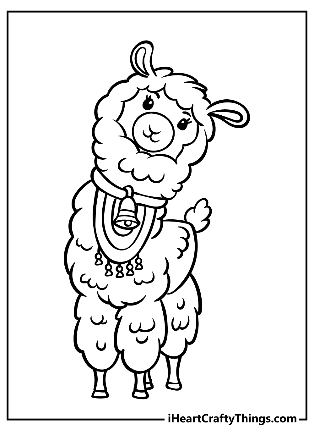 Fluffy llama wearing necklage with a bell looking curiously straight ahead featured on free printable poster