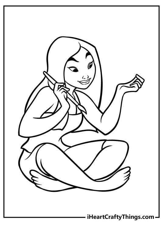 Printable drawing featuring Mulan sitting with crossed legs and holding a paintbrush