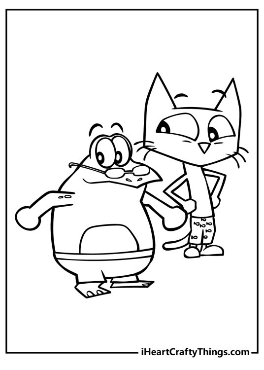 Coloring page featuring Pete The Cat together with his friend Grumpy Toad dressed in a swimwear