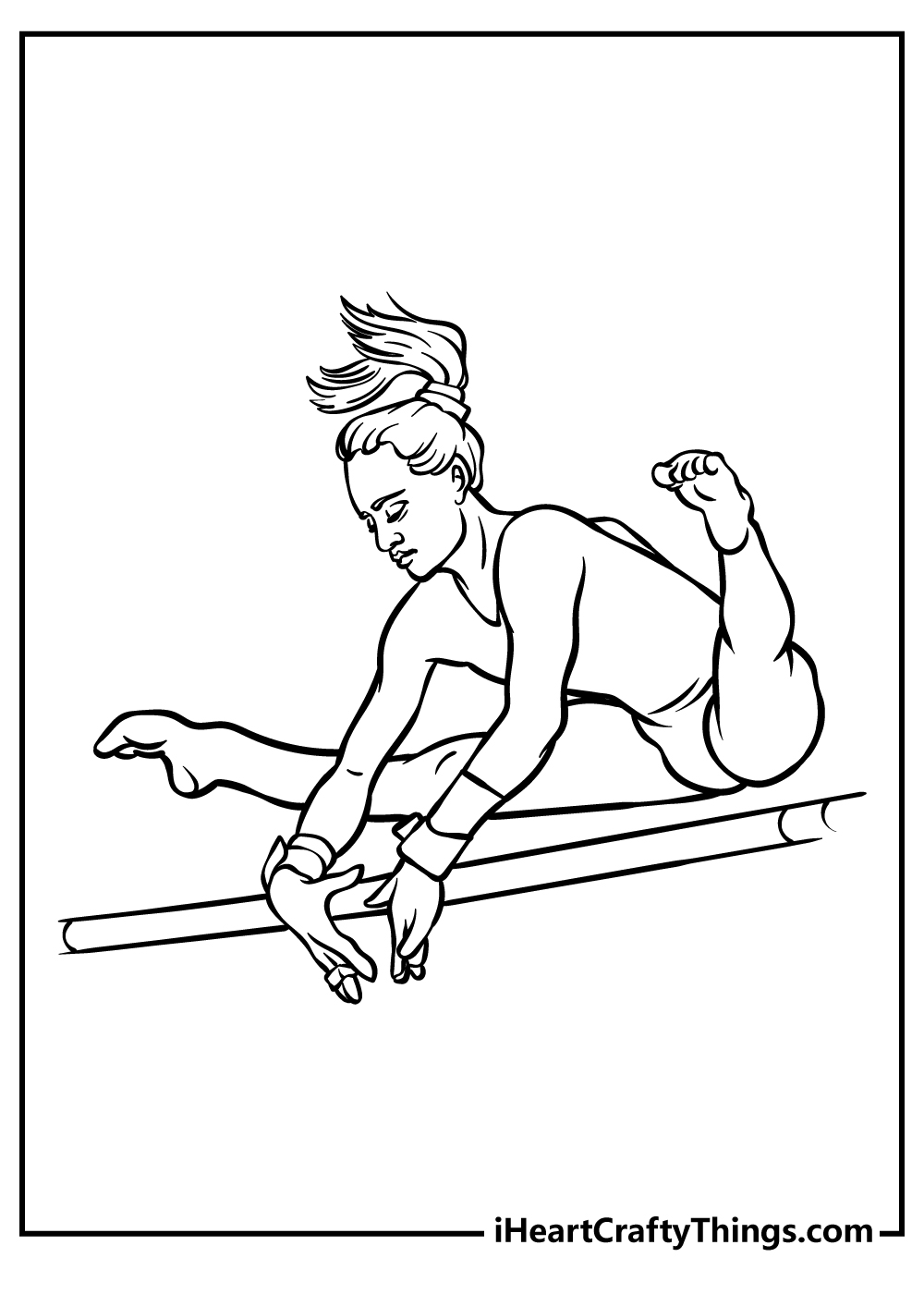 Gymnastics printable page featuring concentrated female gymnast leaping with legs spread wide