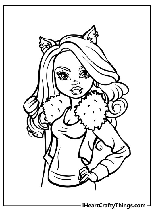 Free coloring drawing presenting a close-up of Monster High character Clawdeen Wolf