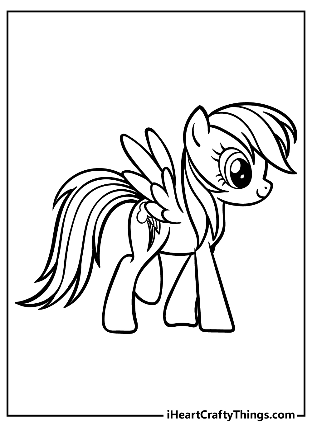 Coloring pdf featuring side view of a Rainbow Dash enjoying a walk with an empty background