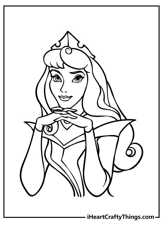 Sleeping Beauty-themed coloring picture featuring portrait of a beautiful princess Aurora wearing tiara