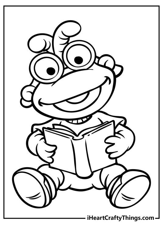 Muppets-themed coloring sheet for kids featuring baby Scooter reading a book
